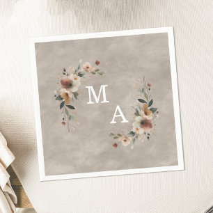 Boho Beige Taupe Floral Wreath Wedding Monogram Napkin