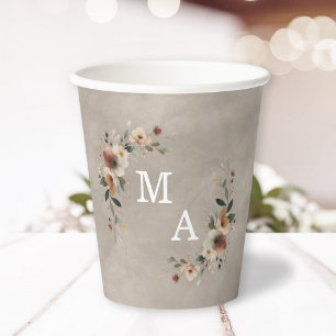 Boho Beige Taupe Floral Wreath Wedding Monogram Paper Cups