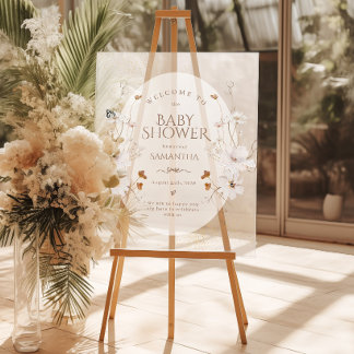 Boho Beige Watercolor Floral Garden Baby Shower Acrylic Sign