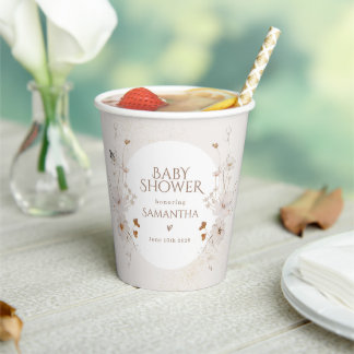Boho Beige Watercolor Floral Garden Baby Shower Paper Cups