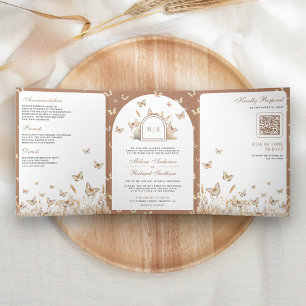Boho Beige Wildflower Butterfly Arch Wedding Tri-Fold Invitation