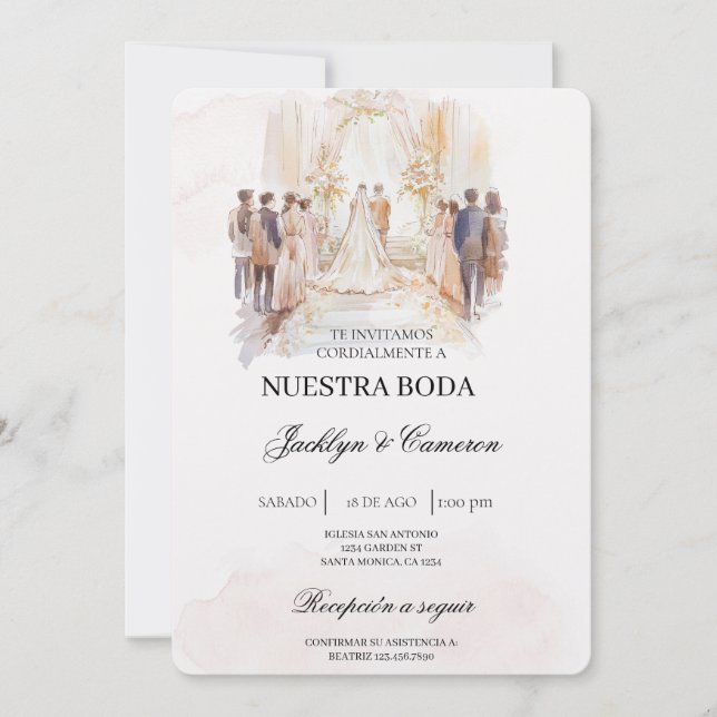 Boho beige with bride Spanish Wedding Invitation (Front)