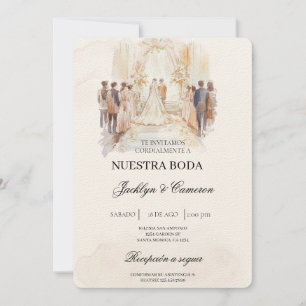 Boho beige with bride Spanish Wedding Invitation