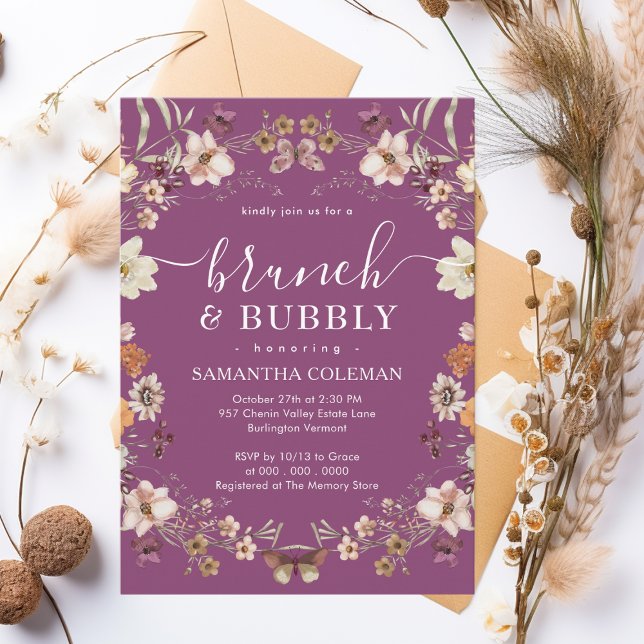 Boho Berry Purple Brunch and Bubbly Bridal Shower Invitation (Creator Uploaded)