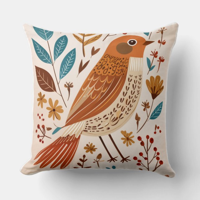 Boho Bird Floral Throw Pillow (Front)