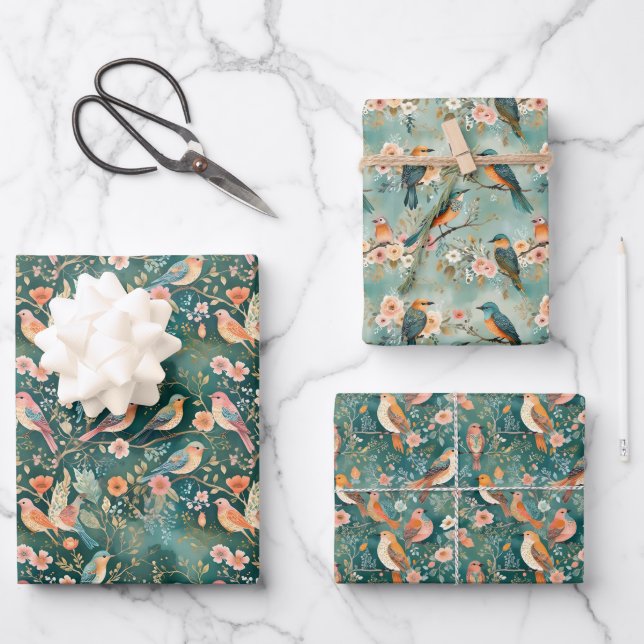 Boho Birds on Branches Botanical Wrapping Paper Sheet (Front)