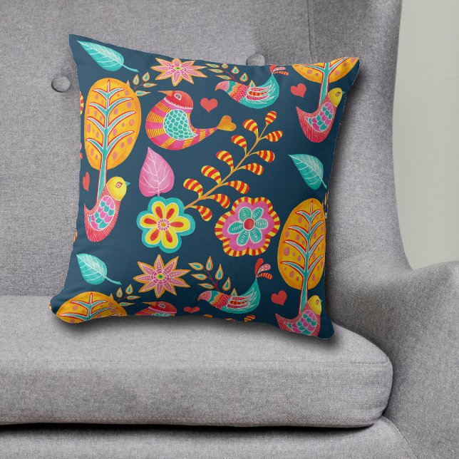Boho Birds Trees Flowers Folk Art Pattern Cushion (Creator Uploaded)