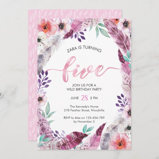 Boho Birthday party Invitation | 5th birthday (Front/Back)