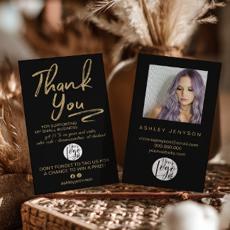 Boho Black and Gold Script Photo Thank You Logo Business Card