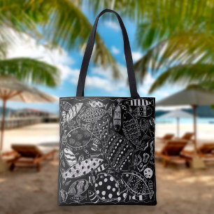 Boho Black And White Decorative Fish Pattern Tote Bag