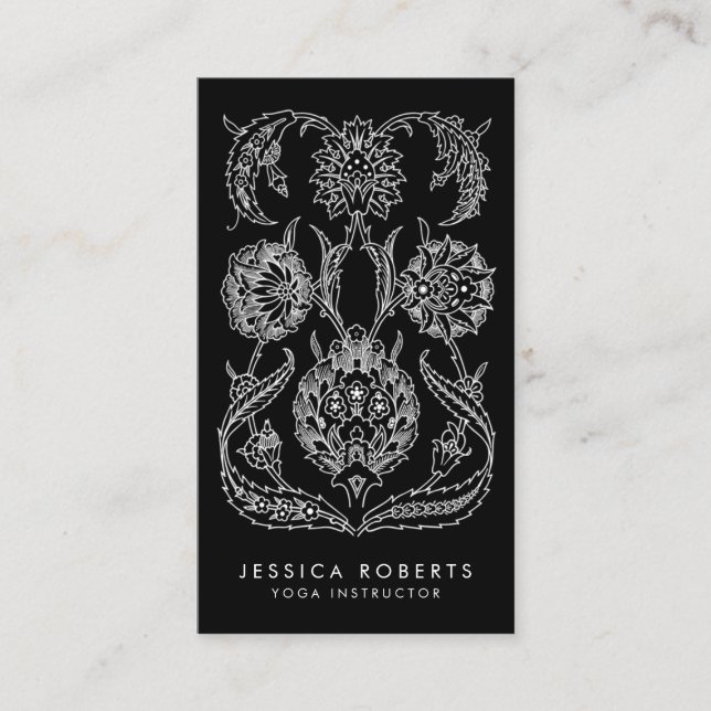 Boho Black and White Elegant Modern Floral Business Card (Front)