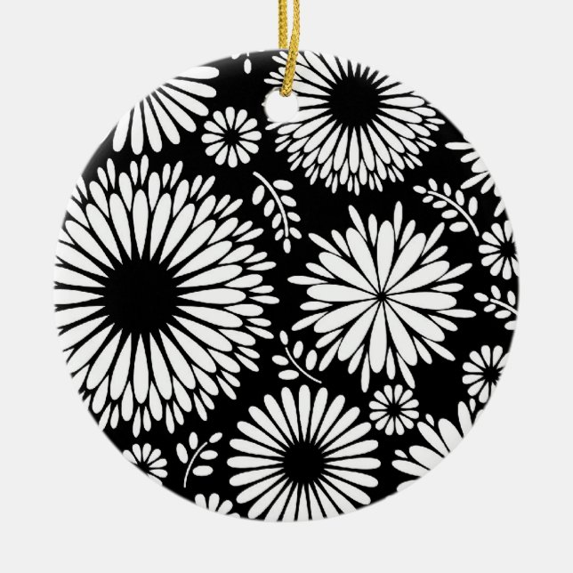 Boho Black and White Folk Flower Starburst Pattern Ceramic Tree Decoration (Front)