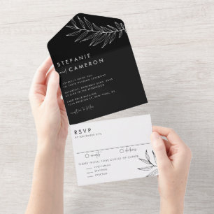 Boho Black and White Minimalist Foliage Wedding All In One Invitation