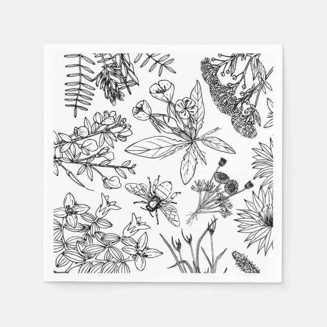 Boho Black and White Wildflower Paper Napkin (Front)