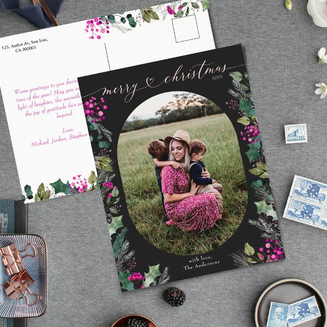 Boho Black & Blush Pink Elegant Christmas Postcard (Creator Uploaded)