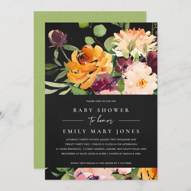 BOHO BLACK BLUSH YELLOW ORANGE FLORAL BABY SHOWER INVITATION (Front/Back)