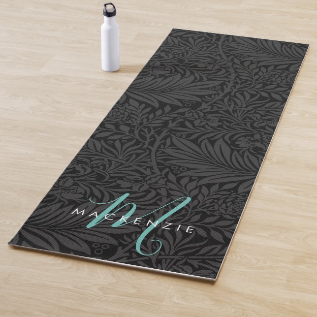 Boho Black Botanical Teal Monogram Name Yoga Mat (In Situ)