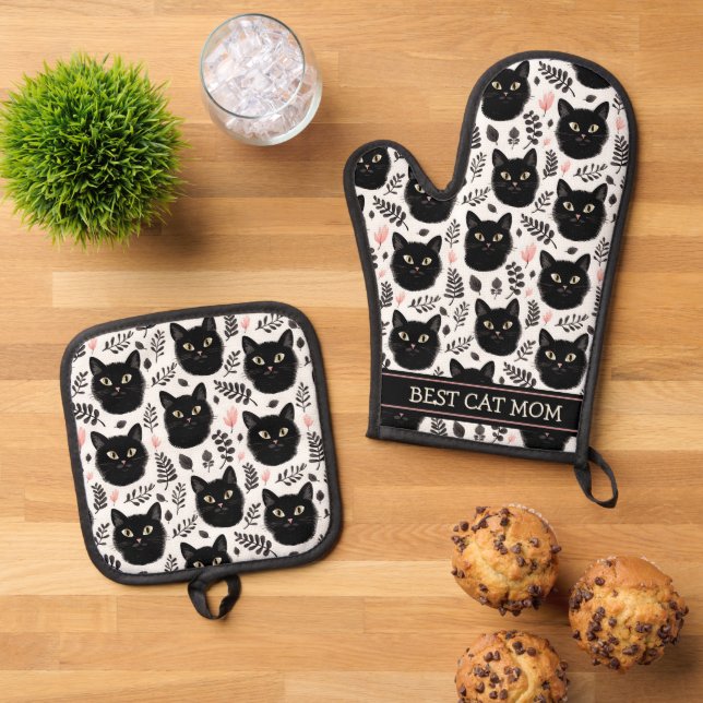Boho Black Cats and Leaves Pattern Best Mum Oven Mitt & Pot Holder Set (Top Down)