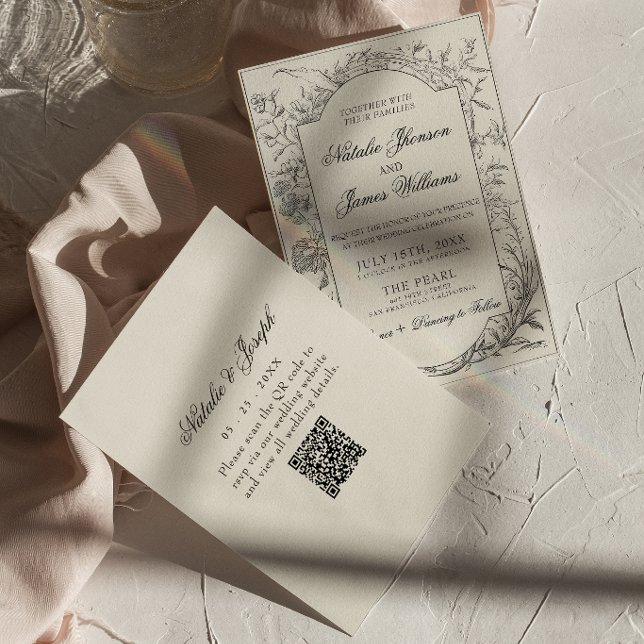 Boho Black Cream Floral Botanical QR Code Wedding Invitation (Creator Uploaded)