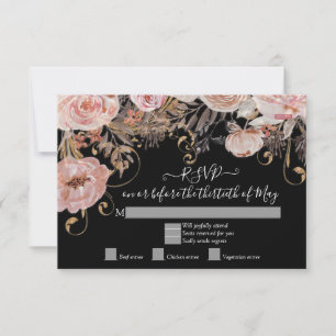 Boho Black Floral Pink Rose Gold RSVP Custom Back Card