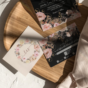 Boho Black Floral Pink Rose Gold RSVP Response