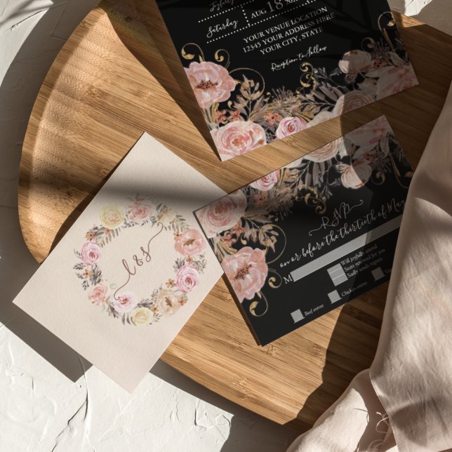 Boho Black Floral Pink Rose Gold RSVP Response (Creator Uploaded)