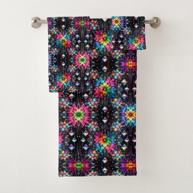 Boho Black Floral Rainbow Bath Towel Set (Insitu)
