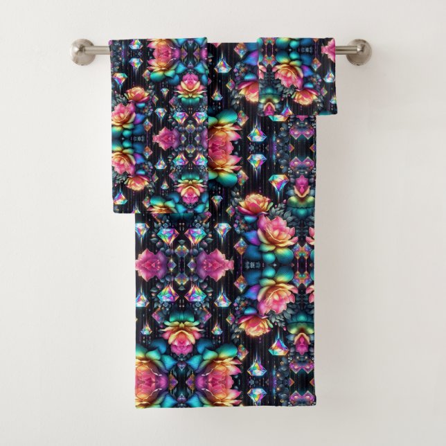 Boho Black Floral Rainbow Bath Towel Set (Insitu)