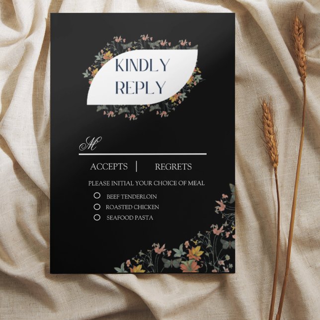 Boho black Floral With Meals RSVP Card (Creator Uploaded)