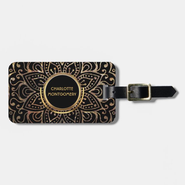 Boho Black Gold Foil Mandala | Monogrammed Girly Luggage Tag (Front Horizontal)
