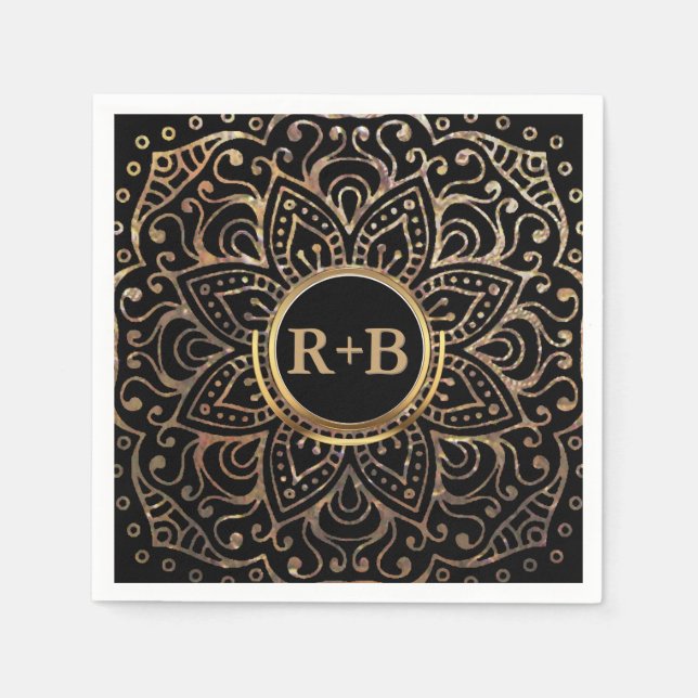 Boho Black Gold Foil Mandala Wedding Monogram Napkin (Front)