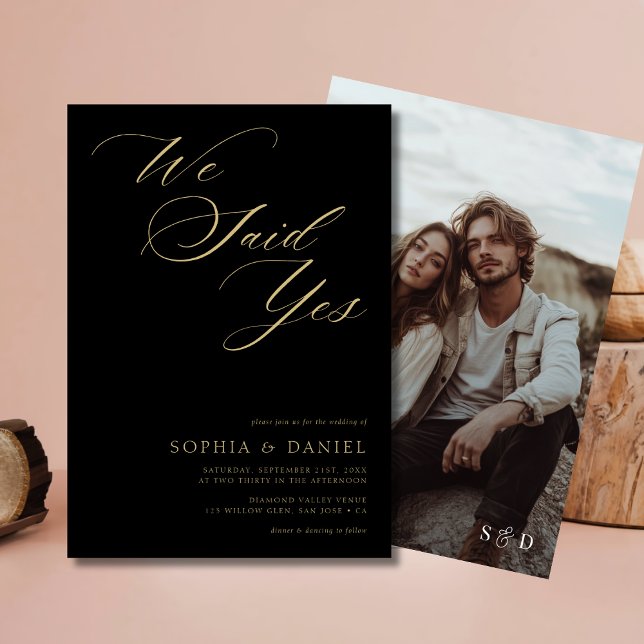 Boho Black & Gold We Said Yes Budget Wedding Photo Invitation (Creator Uploaded)