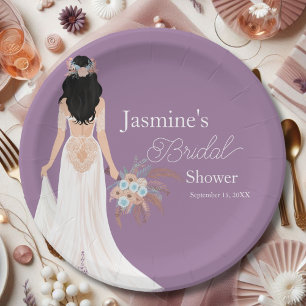  Boho Black Hair Bride With Flowers Paper Plate