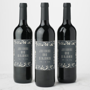 Boho Black Hand Drawn Floral Wedding Custom Wine Label