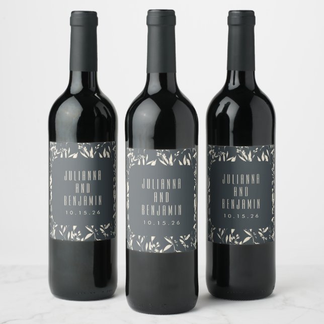 Boho Black Hand Drawn Floral Wedding Custom  Wine Label (Bottles)