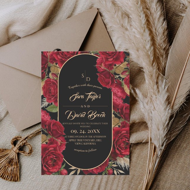  Boho Black ⎮ Roses Burgundy Floral Wedding Invitation (Creator Uploaded)