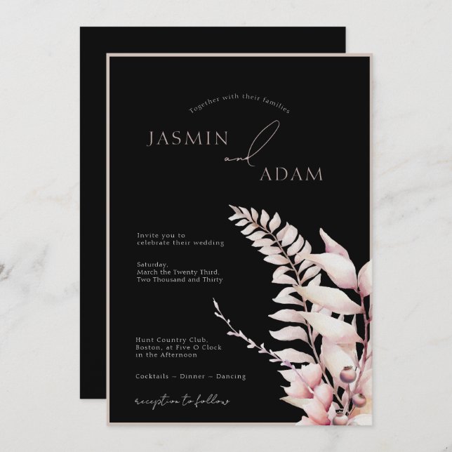 Boho Black Soft Pink Simple Wedding  Invitation (Front/Back)