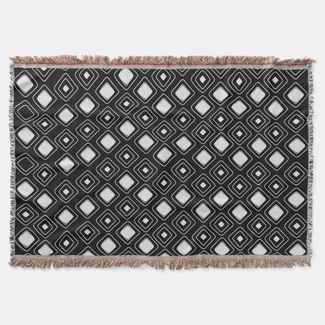 Boho Black Tribal Geometric Aztec Pattern Throw Blanket (Front)