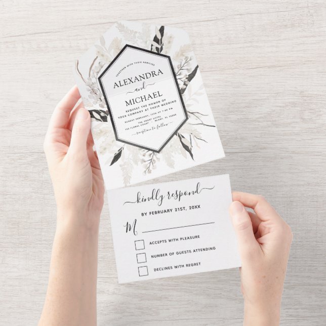 Boho Black White Beige Botanical Wedding RSVP All In One Invitation (Tearaway)