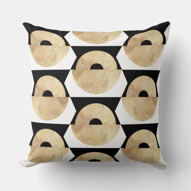 Boho black white gold geometric pattern cushion (Front)