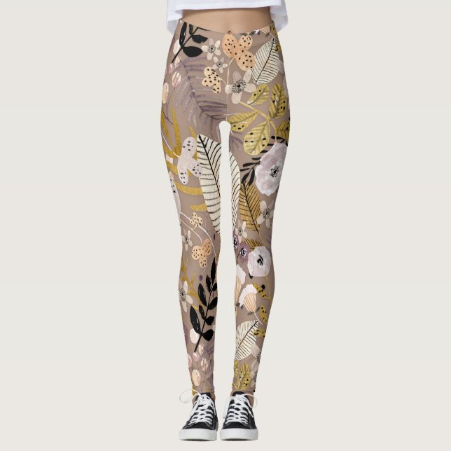 Boho Black White Gold Peach Line Drawn Leaf Floral Leggings (Front)
