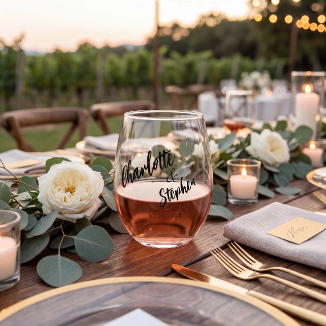 Boho black white minimalist script wedding custom  stemless wine glass (Creator Uploaded)