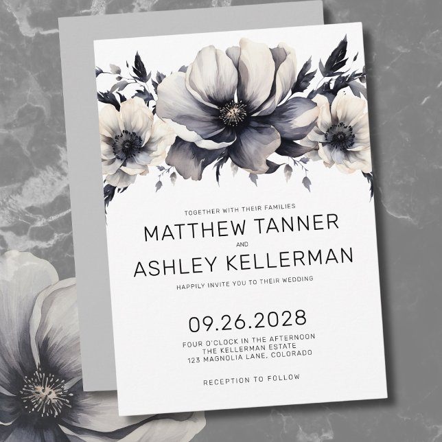 Boho Black White Modern Floral Wedding Invitation (Unique Boho Black White Watercolor Floral Wedding Invitation)