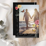 Boho Black Wildflowers Photo Save the Date<br><div class="desc">Wildflowers Black Photo Save the Date Card. Stylishly remind your friends and family of your wedding date, with this floral, dark aesthetic, wildflowers, photo save the date card, with a pretty, white typography, over a striking black background alongside a stylish photo of the couple-to-be that you can personalise, surrounded by...</div>