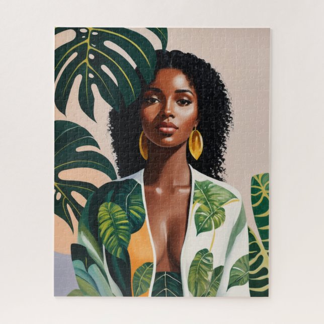 Boho Black Woman Botanical Portrait Jigsaw Puzzle (Vertical)