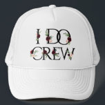 Boho Bling | Bachelorette Bridal Party I Do Crew Trucker Hat<br><div class="desc">Rustic Floral "I Do Crew" Typography: Rich boho chic hand-painted burgundy red, blush pink, and navy blue watercolor floral bouquets on classic black lettering embellished by botanical laurel and deep blue accents. From the "Boho Bloom" collection, this gorgeous layout features a rich Bohemian wildflower bouquet with radiant flower blooms and...</div>
