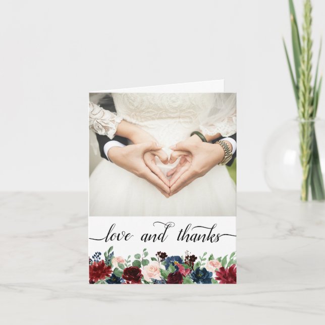 Boho Bloom | Burgundy and  Navy 2 Photo Love and Thank You Card (Front)