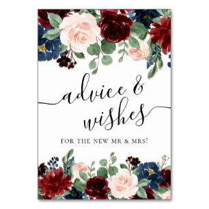 Boho Bloom   Burgundy and Navy Blue Advice Wishes Table Number