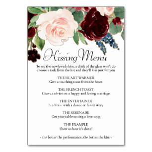 Boho Bloom   Burgundy and Navy Blue Kissing Menu Table Number