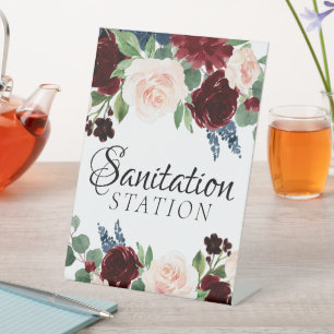 Boho Bloom Burgundy and Navy Sanitation Station Pedestal Sign